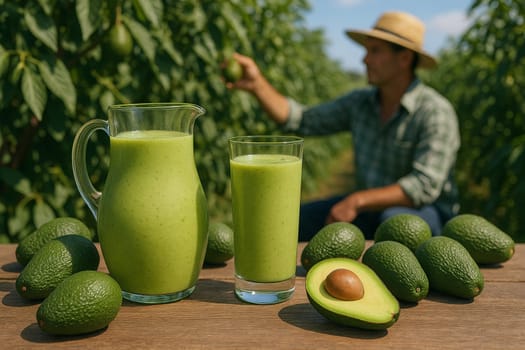 AI generated rustic wooden table featuring glass jug of blended avocado drink, sliced avocados and whole fresh fruits against sunny avocado orchard with farmers harvesting