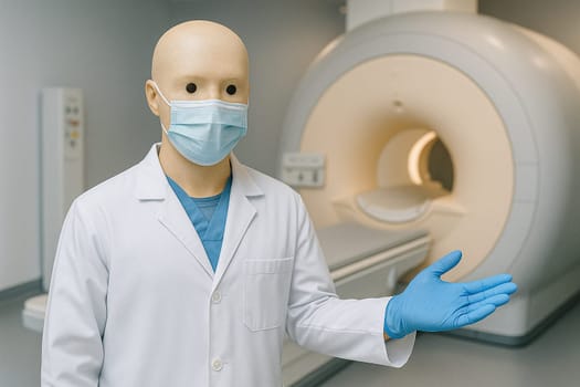 AI generated humanoid medical robot in technician uniform gesturing invitation in modern MRI scanning room with advanced medical imaging equipment