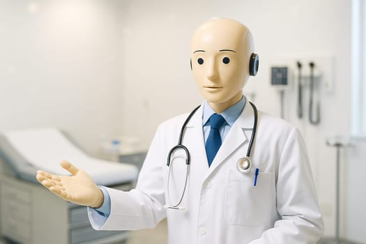 AI generated humanoid robot wearing doctor's uniform gesturing welcoming invitation in modern hospital examination room with medical equipment and devices