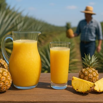 AI generated rustic wooden table featuring glass jug of blended pineapple drink, sliced pineapples and whole fresh fruits against tropical pineapple plantation with farmers harvesting