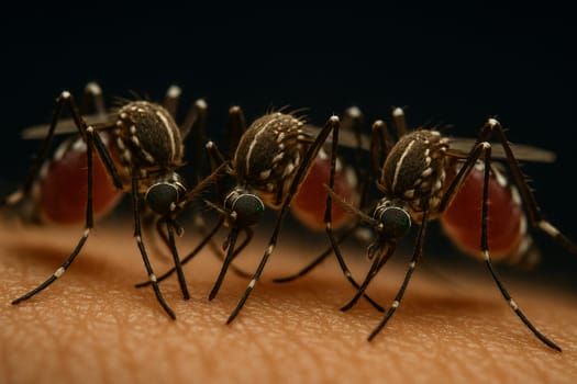 AI generated super macro close-up of multiple aedes mosquitoes simultaneously feeding on human skin, showing proboscis penetration and blood vessels with detailed swarm behavior