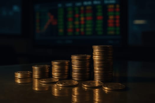 AI generated stack of shiny dollar coins on reflective glass table with modern trading floor backdrop featuring stock market boards and financial data displays