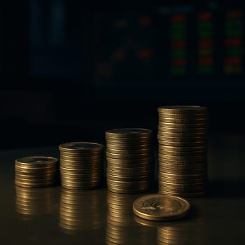 AI generated stack of euro coins on reflective glass surface with modern European trading floor backdrop showing stock market boards and financial monitors
