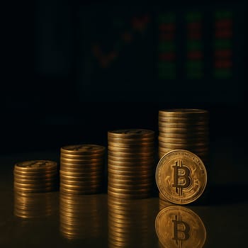 AI generated stack of physical bitcoin coins on reflective glass surface with modern cryptocurrency exchange backdrop showing digital asset price boards and trading monitors
