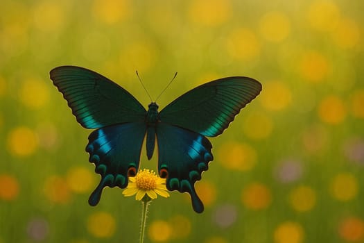AI generated vibrant Luzon Peacock Swallowtail butterfly with fully expanded wings resting on wildflower in colorful meadow under gentle morning sunlight