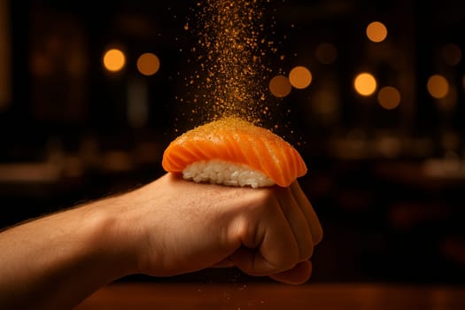 AI generated close-up of a large salmon sushi piece placed on back of a cupped hand with shimmering gold dust falling from above in an elegant dimly-lit dining room