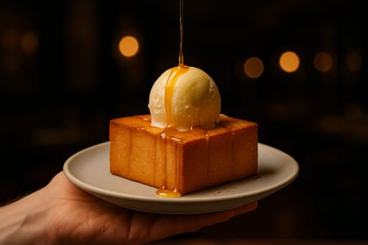 AI generated close-up of golden honey toast topped with a scoop of melting ice cream, drizzled with fresh honey in an intimate dimly-lit cafe setting