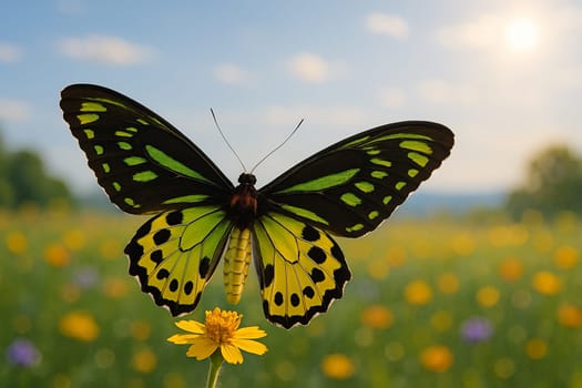 AI generated Queen Alexandra's Birdwing, the world's largest butterfly, with fully expanded wings resting on a flower in vibrant meadow under soft morning sunlight