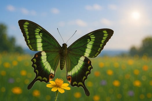 AI generated Kaiser-i-Hind butterfly with fully extended emerald-green wings perched on a wildflower in a colorful Himalayan meadow under soft morning light