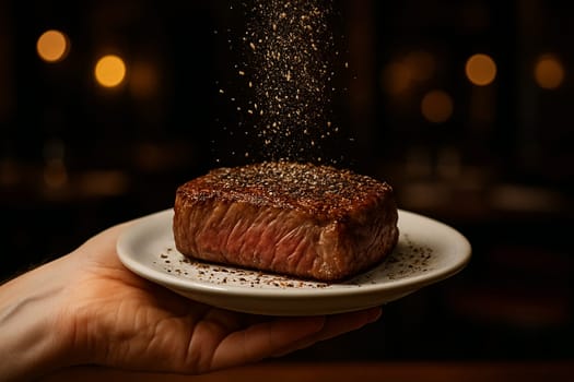 AI generated close-up of a perfectly cooked medium rare steak resting on a hand-held plate, garnished with falling black pepper and salt in an intimate dimly-lit dining setting
