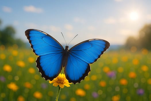 AI generated Blue Morpho butterfly with fully expanded iridescent wings perched on a flower in a colorful wildflower meadow under soft morning light with blue sky