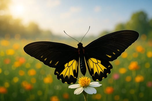 AI generated rare Chimaera Birdwing butterfly with fully expanded iridescent wings perched on a tropical flower in colorful meadow under soft morning sunlight