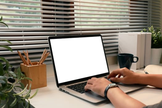 Close up of hands on laptop with blank screen at desk surrounded by plants in a cozy home office.
