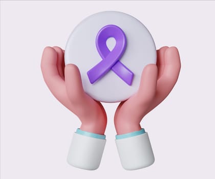 Supporting Cancer Awareness with Hands and Ribbon. World Cancer Day concept, February 4. Raise awareness, prevention, detection, treatment. Icon design 3d illustration.