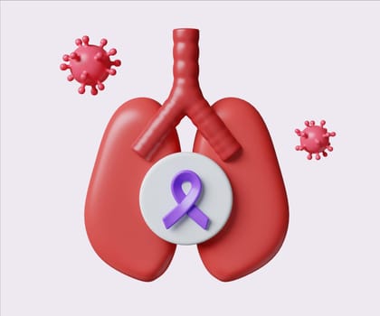Lung Cancer Awareness Concept with Purple Ribbon. World Cancer Day concept, February 4. Raise awareness, prevention, detection, treatment. Icon design 3d illustration.