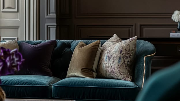 Refined English interiors with soft neutral tones, botanical art, fresh florals, classic panelled walls, and elegant furnishings for a feminine yet timeless home atmosphere
