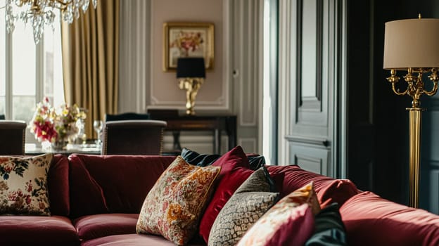 Refined English interiors with soft neutral tones, botanical art, fresh florals, classic panelled walls, and elegant furnishings for a feminine yet timeless home atmosphere
