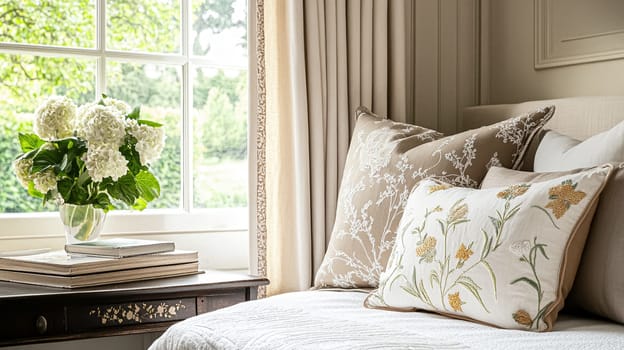 Refined English interiors with soft neutral tones, botanical art, fresh florals, classic panelled walls, and elegant furnishings for a feminine yet timeless home atmosphere