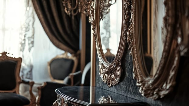 Opulent Baroque interiors with gilded four-poster beds, floral drapes, ornate furniture, and classical detailing, capturing a romantic old-world charm fit for an English noble manor