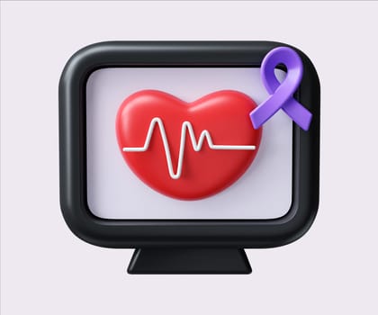Heart Health Awareness with Purple Ribbon and EKG line. World Cancer Day concept, February 4. Raise awareness, prevention, detection, treatment. Icon design 3d illustration.