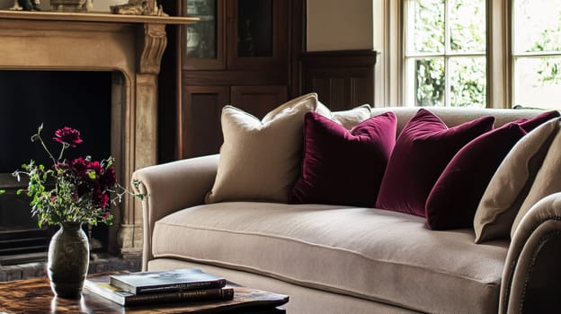 Refined English interiors with soft neutral tones, botanical art, fresh florals, classic panelled walls, and elegant furnishings for a feminine yet timeless home atmosphere