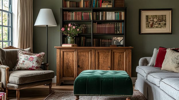 Refined English interiors with soft neutral tones, botanical art, fresh florals, classic panelled walls, and elegant furnishings for a feminine yet timeless home atmosphere