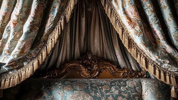 Opulent Baroque interiors with gilded four-poster beds, floral drapes, ornate furniture, and classical detailing, capturing a romantic old-world charm fit for an English noble manor