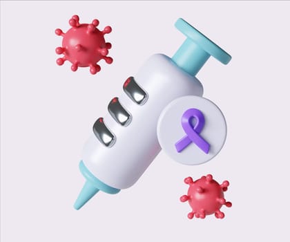 Vaccine Syringe with Purple Ribbon for Cancer Awareness. World Cancer Day concept, February 4. Raise awareness, prevention, detection, treatment. Icon design 3d illustration.
