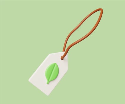 A 3D render illustration of an eco-friendly tag featuring a green leaf symbol, representing sustainability and eco-consciousness.