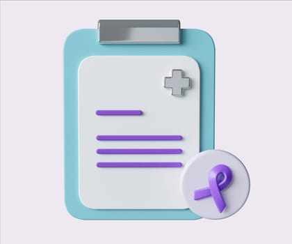 Medical Clipboard with Purple Ribbon . World Cancer Day concept, February 4. Raise awareness, prevention, detection, treatment. Icon design 3d illustration.