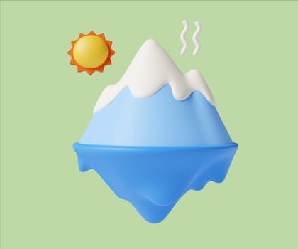 A 3D render showing a melting glacier and sun, symbolizing climate change and environmental issues in a cute illustration.