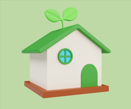 A charming 3D render of an eco-friendly house featuring a vibrant green plant growing on its roof, symbolizing sustainability and nature.