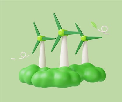 A modern 3D render showcasing wind turbines surrounded by green fluffy clouds, symbolizing renewable energy and eco-consciousness.