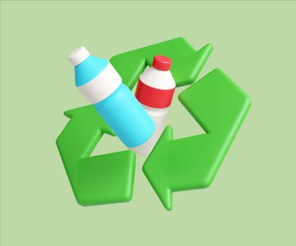 A vibrant 3D render of recycling arrows surrounding plastic bottles, advocating for recycling and environmental sustainability.