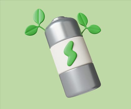 A 3D render of a battery featuring green sprouts, emphasizing sustainable energy and eco-conscious practices.
