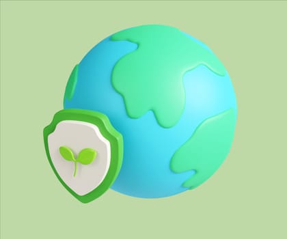 An engaging 3D render illustration of an eco-friendly globe protected by a green shield, symbolizing earth preservation.