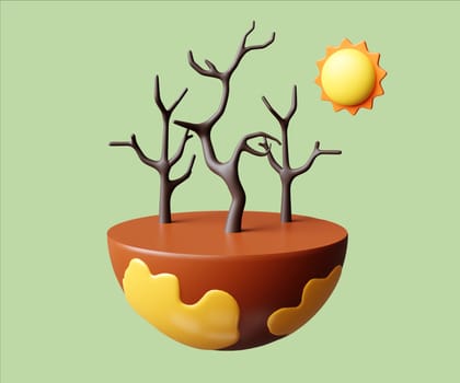 A 3D render showcasing an eco theme with barren trees and a vibrant sun symbolizing nature and environmental issues.
