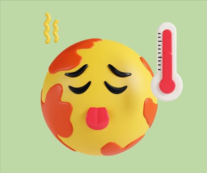A playful 3D render illustrating a cartoon planet with a thermometer, symbolizing climate change and global warming.