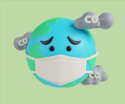 A 3D render of a friendly earth character wearing a mask, emphasizing ecological concerns and pollution awareness.