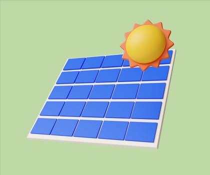 A bright 3D render illustration showcasing eco-friendly solar panels harnessing energy under a sun icon.