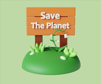A vibrant 3D render illustration featuring a Save the Planet sign surrounded by lush grass, promoting eco-awareness.
