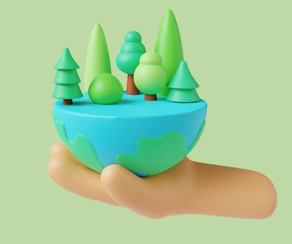 A beautiful 3D render of a hand holding a miniature globe featuring trees, representing care for the environment and ecology.