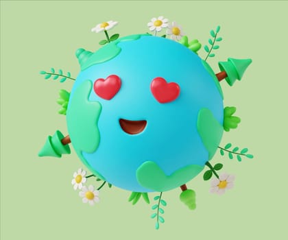 A cheerful 3D render of a planet Earth character with heart-shaped eyes, surrounded by flowers and trees, representing love for nature.