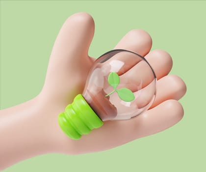 A colorful 3D render illustration of an eco-friendly light bulb held in a hand, containing a green plant sprout.