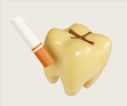 A 3D render illustration representing the effects of narcotics on dental health, featuring a cigarette with a decayed tooth.