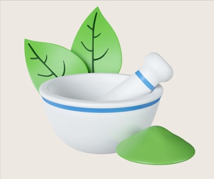 A 3D render depicting a mortar and pestle with leaves, symbolizing narcotics and natural remedies in drug preparation.