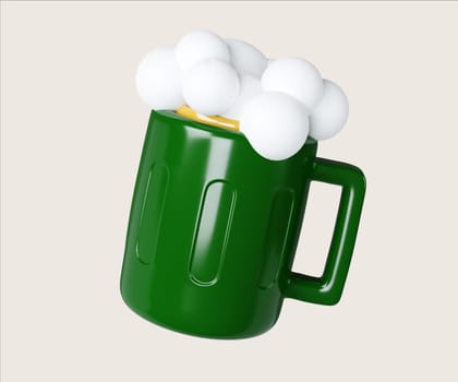 A fun 3D render illustration showing a green beer mug brimming with foam, representing narcotics in a light-hearted way.