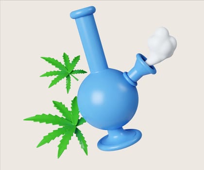 A colorful 3D render illustration of a blue bong surrounded by cannabis leaves, symbolizing narcotics culture.
