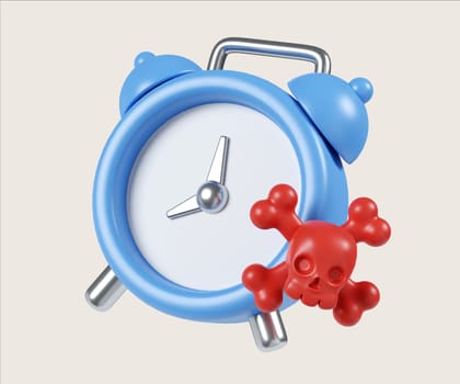 A 3D render focusing on narcotics awareness, featuring a blue alarm clock, skull symbol, and cautionary symbols.