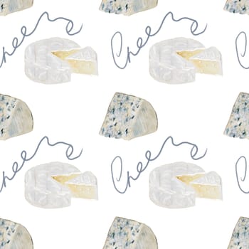 Cheese watercolor pattern. Hand drawn illustration brie, camembert, dor blue. Clip art of food on white background. Ideal for packaging of farm organic product or restaurant menu design. High quality illustration